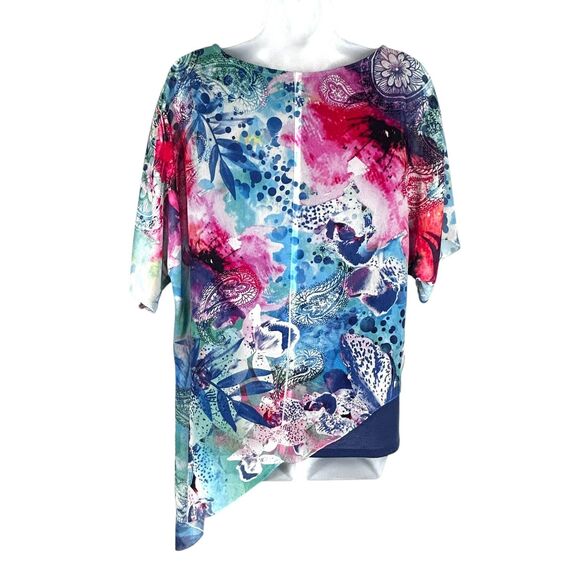 Chicos Size 1 Scarf Top M Colorful Watercolor Kimono Blue Pink White Semi Sheer - Picture 5 of 9